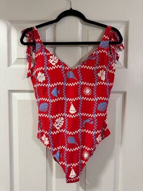 Women’s Loft Red Nautical One-Piece Swimsuit with Tie Straps
